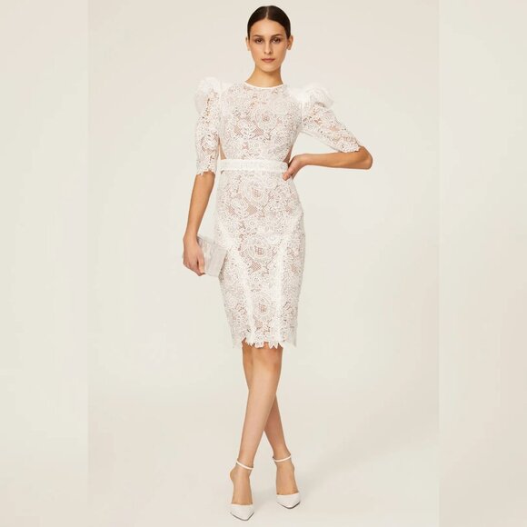 BRONX AND BANCO MADELEINE DRESS White Lace Bridal Wedding Puff Sleeve Illusion L - Picture 6 of 16